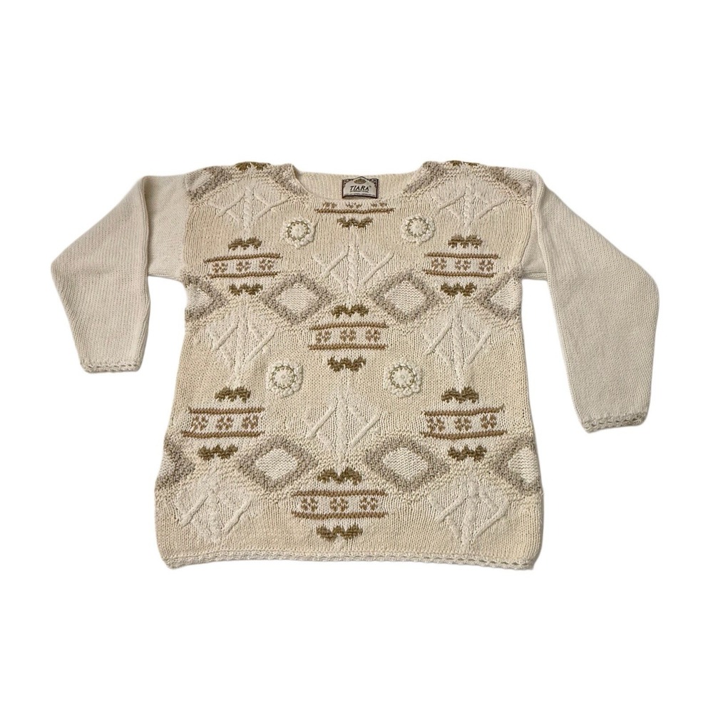 Tiara International Neutral Floral Crochet Knit Sweater Cottagecore Boho Soft L